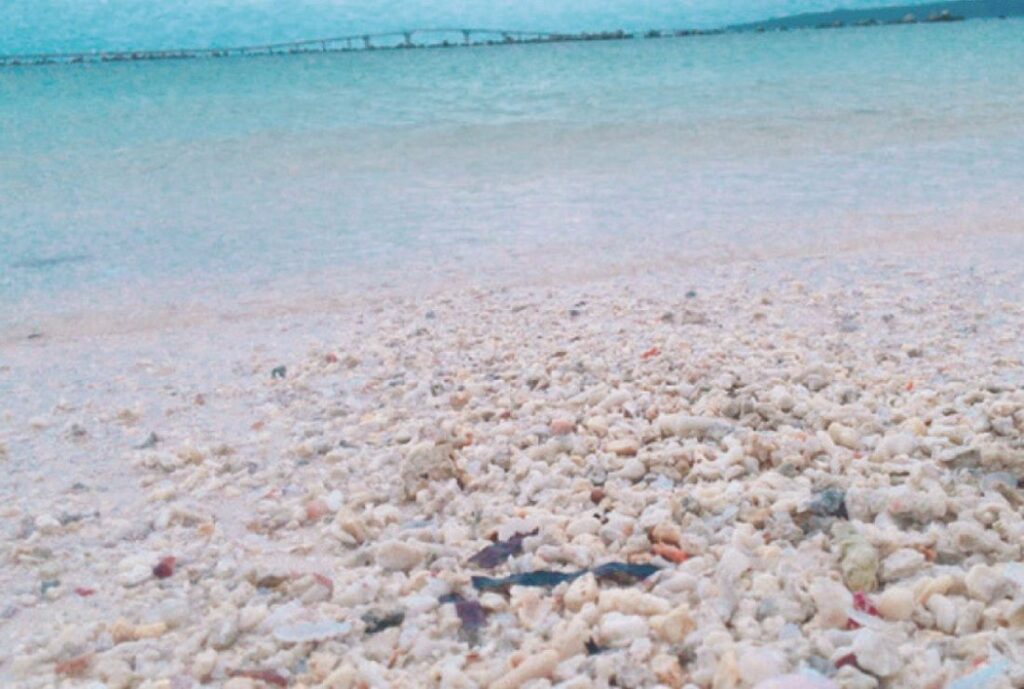 透き通る海と白い砂浜が映り、奥に伊良部大橋が見える画像。
